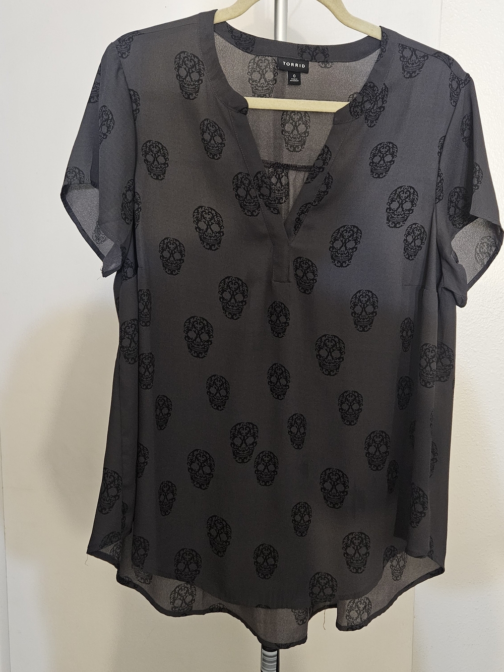 Torrid Black Sheer Skull Print Split-Neck Blouse